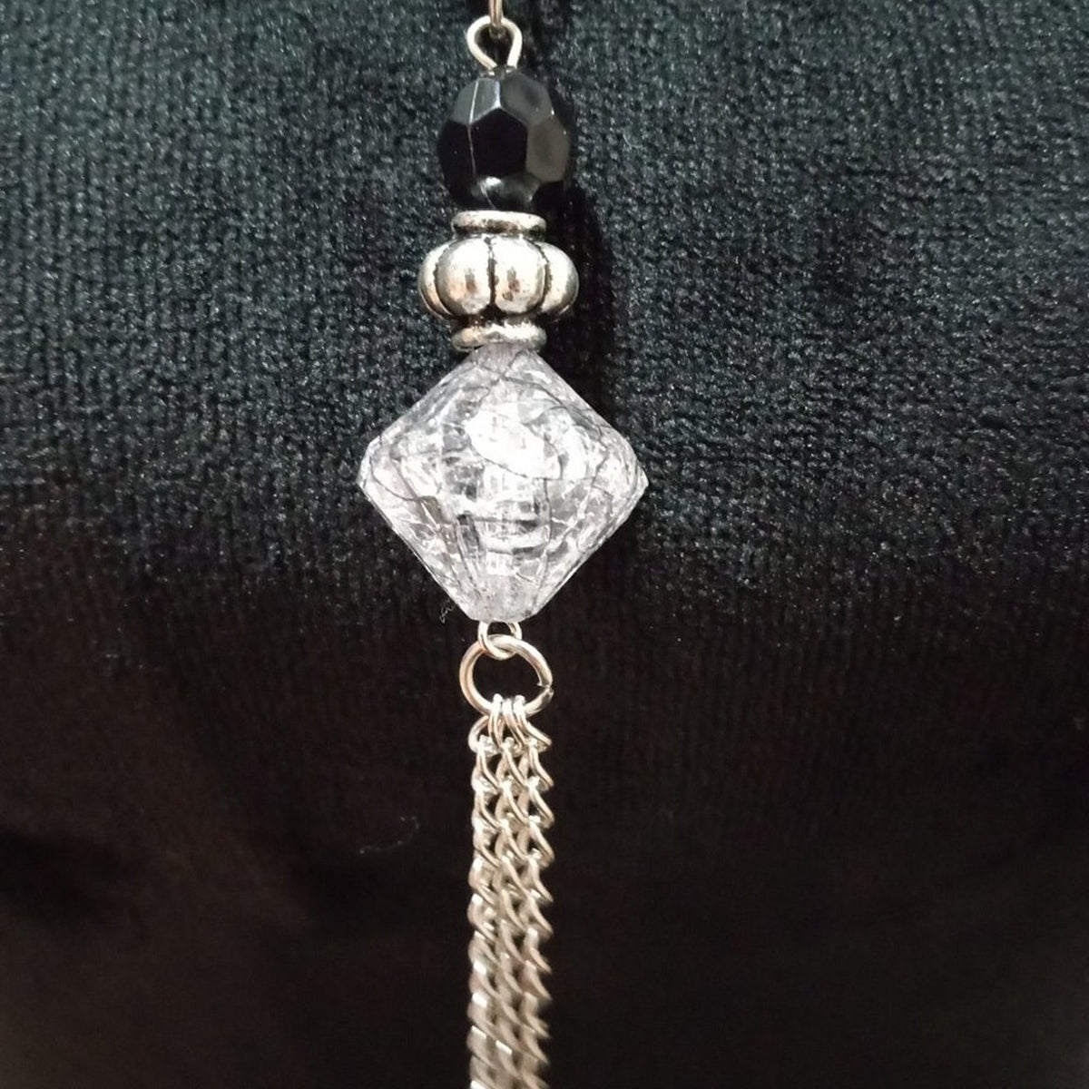 Women Fashion Elegant Clear & Black Rhinestone Silver Tassel Pendant Necklace