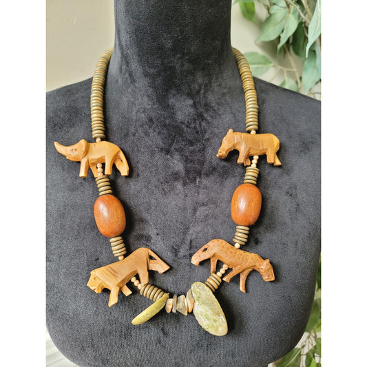 Women's Animal Carved Wood Beaded Necklace with Rhino, Lion, Bear Pendants