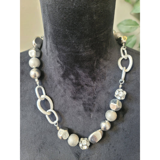 Women's Statement Silver Tone Beaded Chain Necklace Crystal Lobster Clasp