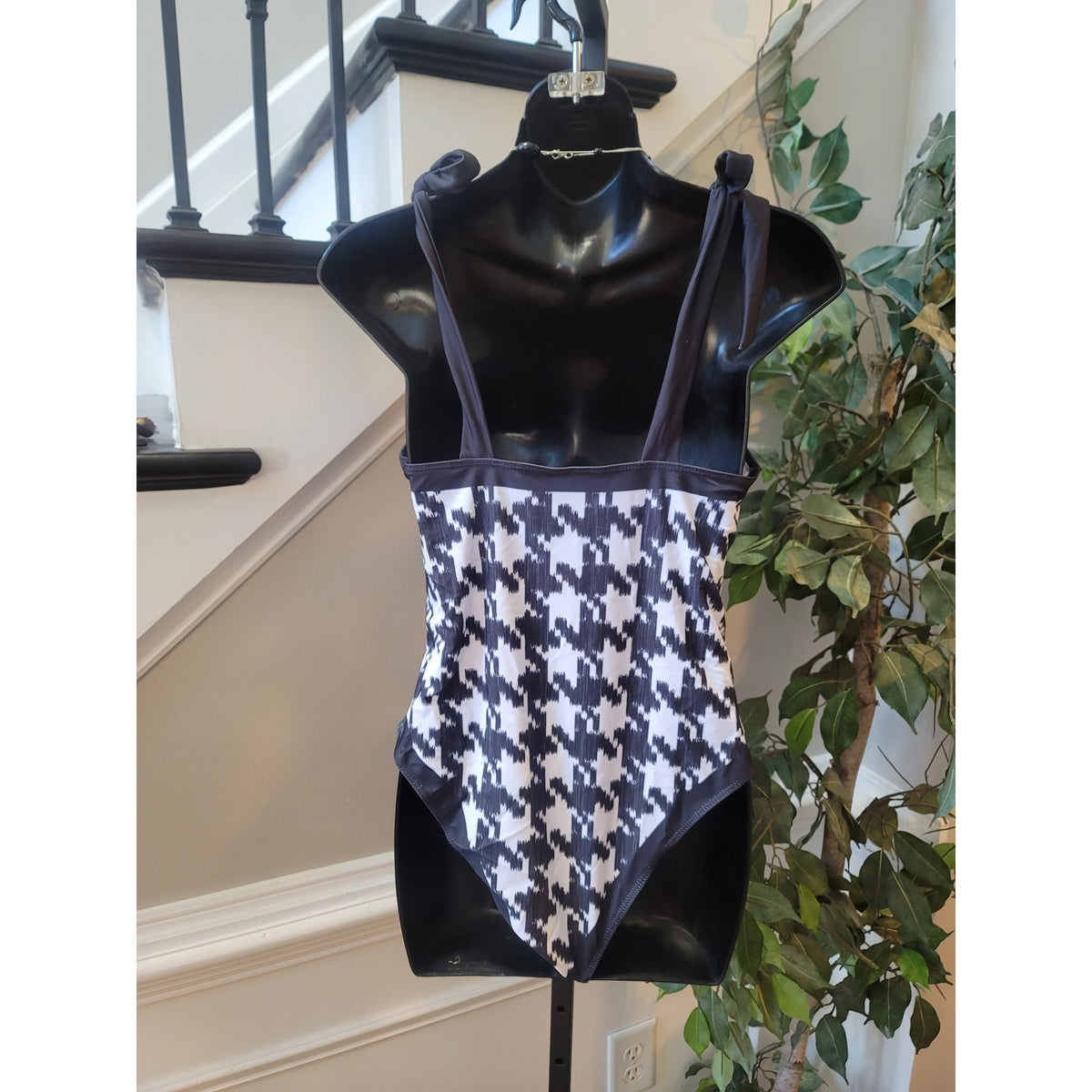 Swim Suit Set Women's Large Black/White Houndstooth Padded Bra Sarong Wrap