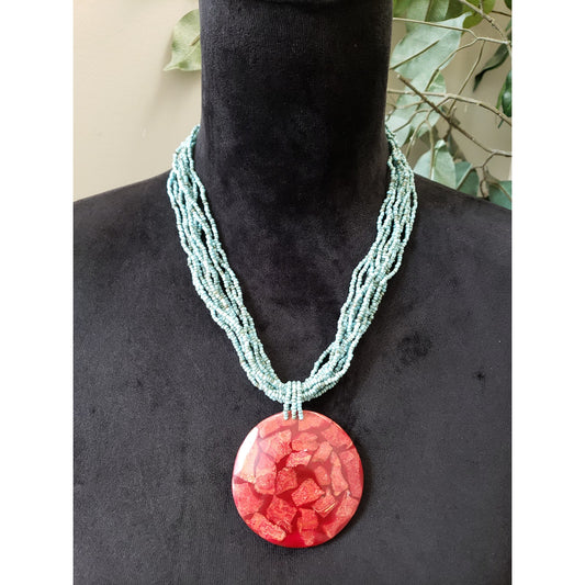 Womens Layered Turquoise Seed Beads Chain Coral Chips in Enamel Pendant Necklace