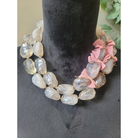Women's Clear Chunky Beaded Necklace Lobster Clasp Pink Ribbon Statement