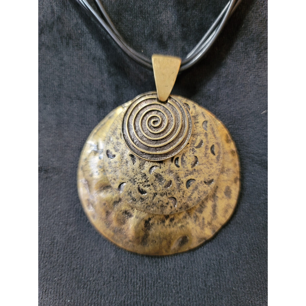 Women's Spiral Pendant Necklace with Bronze Disc and Black Leather Cord