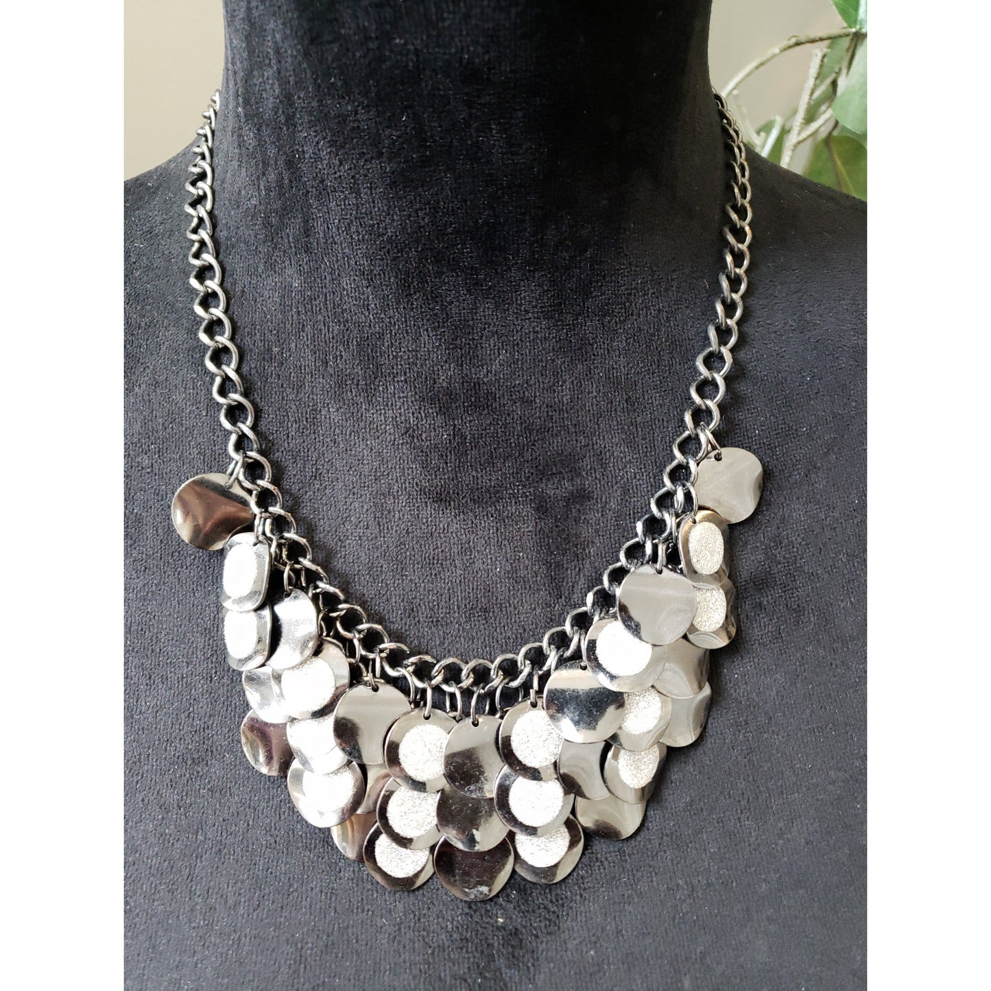 Womens Silver Statement Necklace Layered Disc Chain Adjustable Lobster Clasp