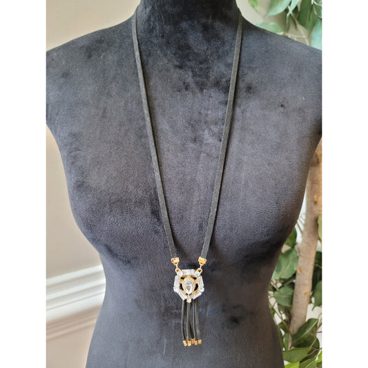 Women's Long Black Suede Tassel Necklace With Gold Accents And Crystal Pendant