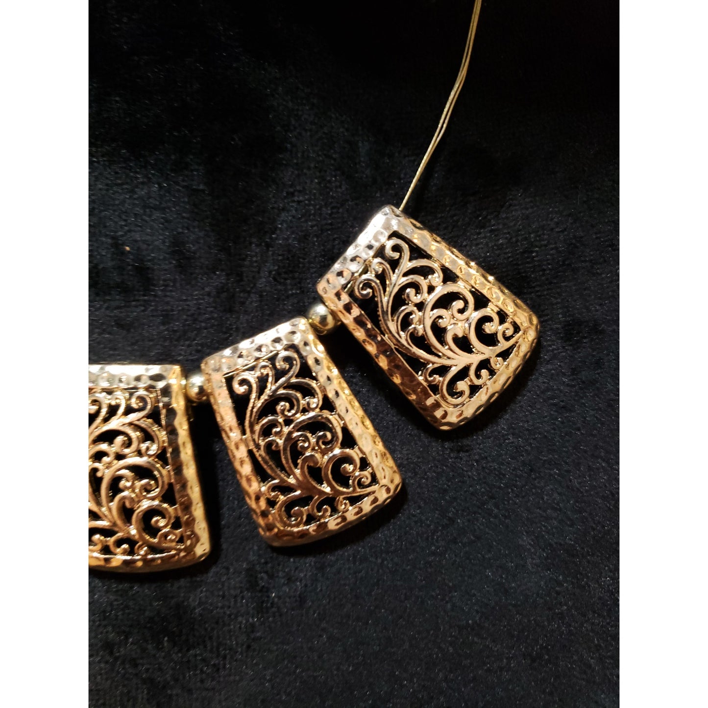 Womens Gold Tone Triple String Chains Filigree Cannetille Statement Necklace