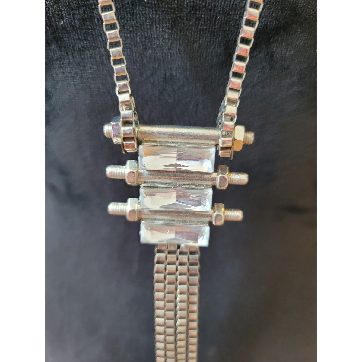 Women's Silver Industrial Chain Necklace With Clear Rectangular Crystal Accents