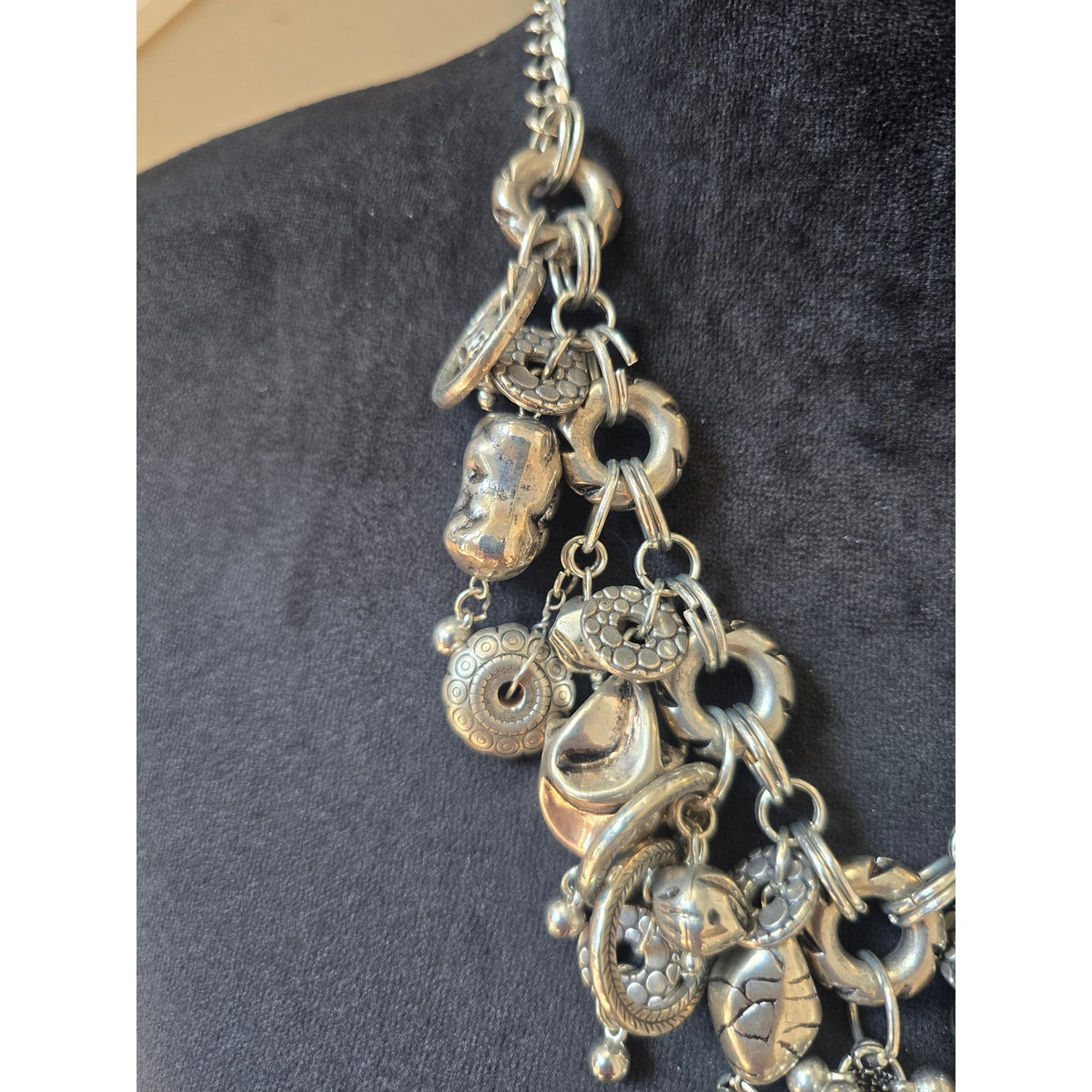 Antique Silver Tone Boho Medallion Charm Statement Necklace Beaded Pendant