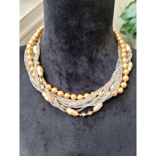 Gold Tone Multi-Strand Faux Pearl Crystal Layered Choker Statement Necklace