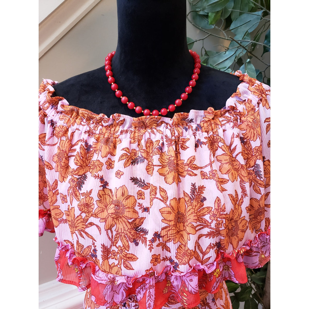 Jessica Simpson Mini Dress Women M Pink Orange Floral Ruffle Off The Shoulder