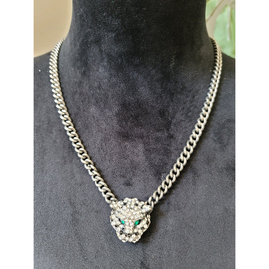 Women's Panther Head Rhinestone Necklace With Green Eyes And Lobster Clasp Lock