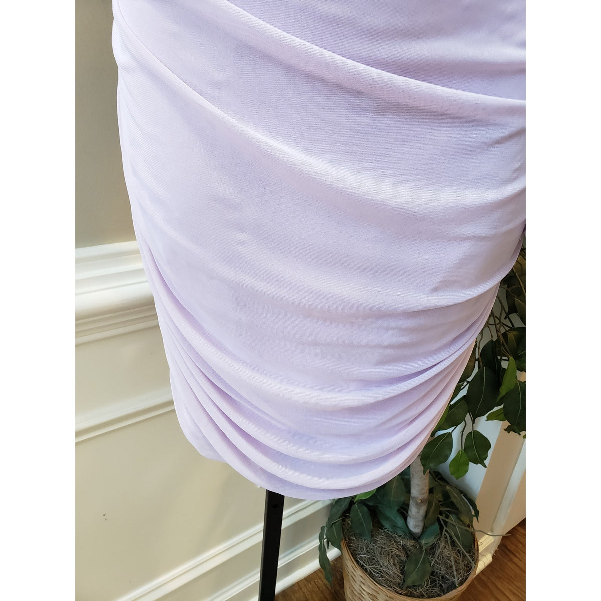 SHEIN Bodycon Dress Womens 12 Lavender Lantern Sleeve One Shoulder Ruched
