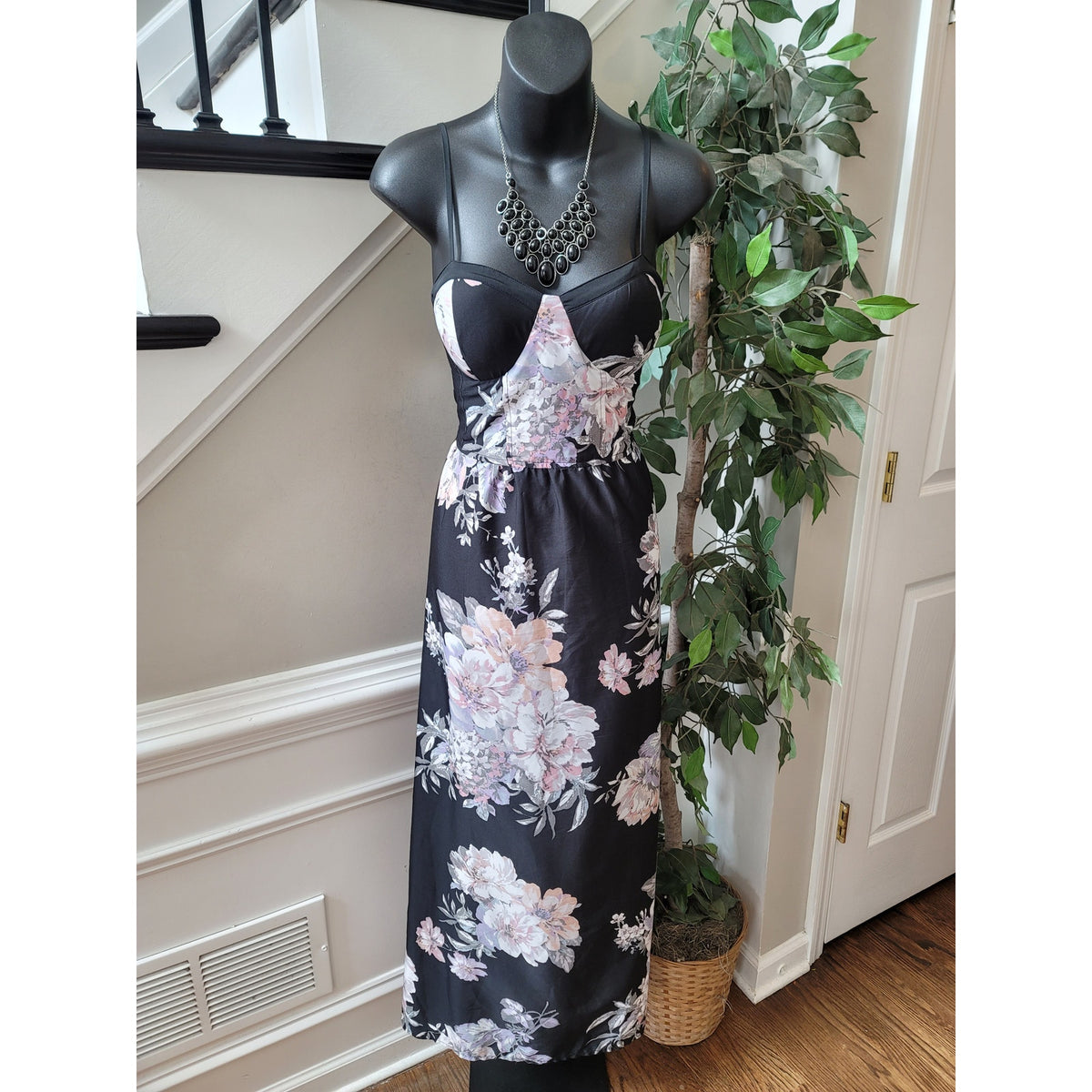 Band of Gypsies Maxi Dress Women's Large Black Floral Bustier Bodice Strappy