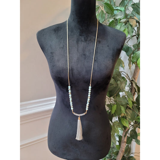 Women's Long Beaded Necklace with Tassel Pendant and Gold Chain