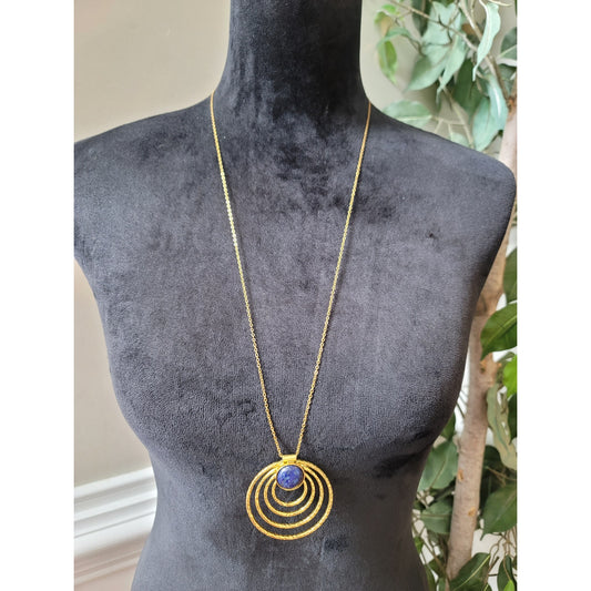 Women's Gold Spiral Pendant Necklace with Lapis Stone and Adjustable Lock
