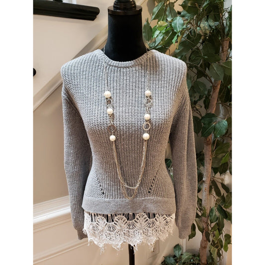 Monteau Women's Gray Open Knit Crochet Trim Round Neck Long Sleeve Sweater M