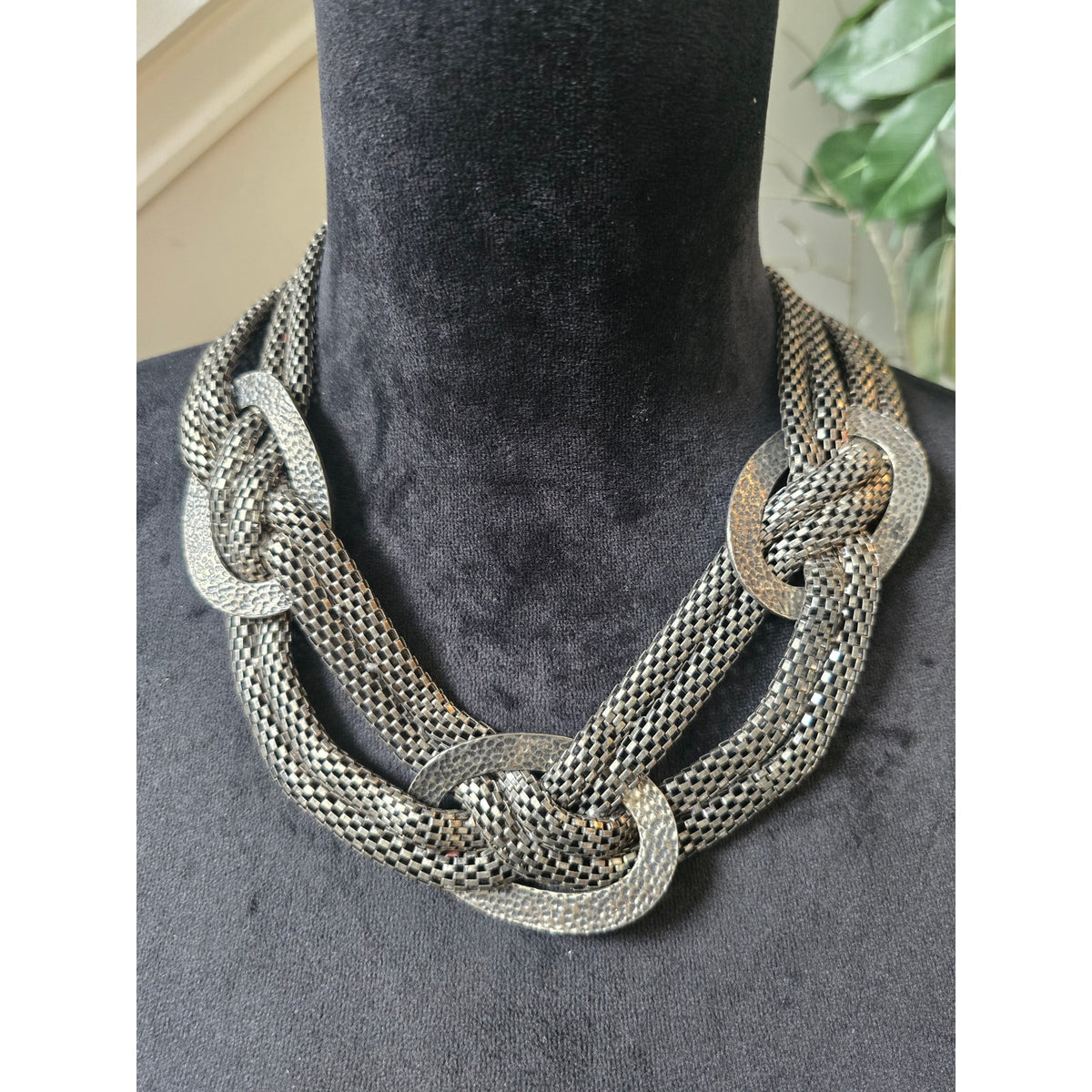 Silver Tone Gunmetal Chunky Mesh Chain Oversized Interlocking Link Necklace