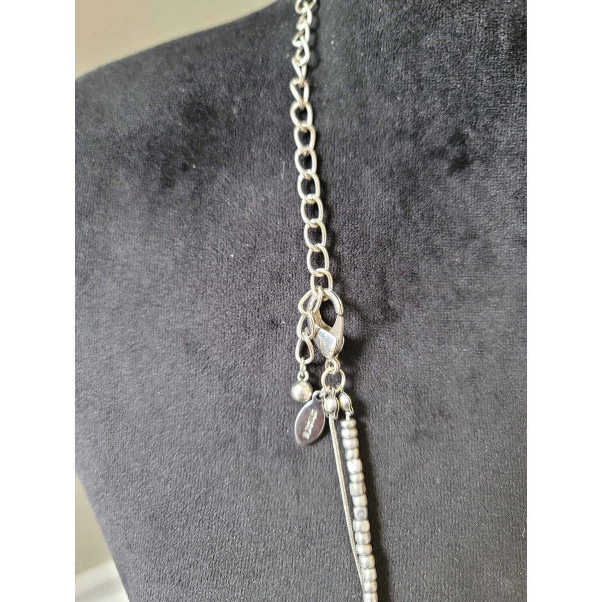 Chico's Women's Long Silver Beaded Necklace With Charms And Lobster Claw Lock
