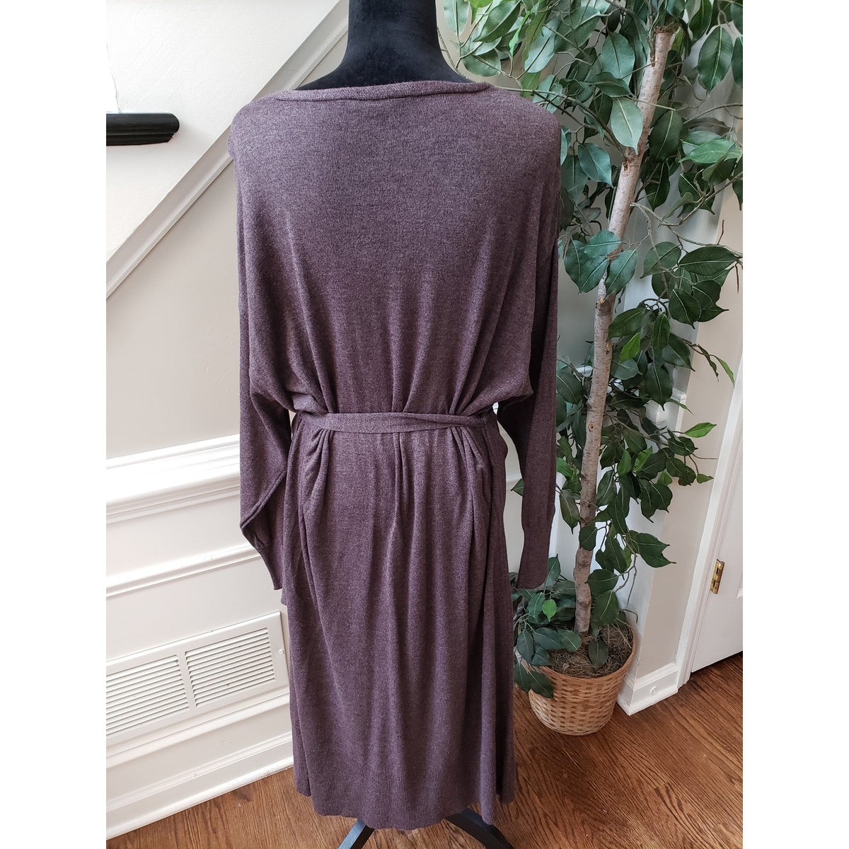 Terra & Sky Maxi Dress Womens 2X Brown Deep Neck Tie Waist Raglan Sleeve & Hem