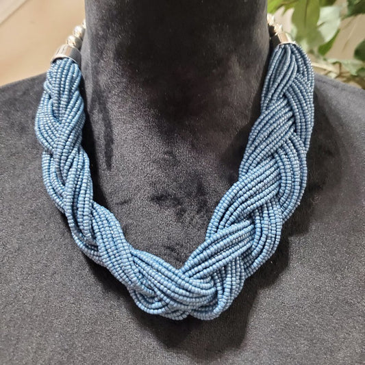 Womens Fashion Gray Seed Bead Braided Short Collar Necklace with Lobster Clasp