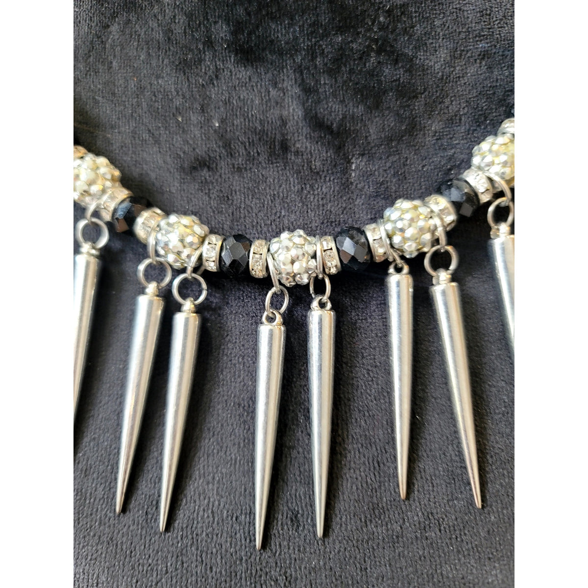 Silver Tone Spike Bib Statement Necklace Edgy Gothic Punk