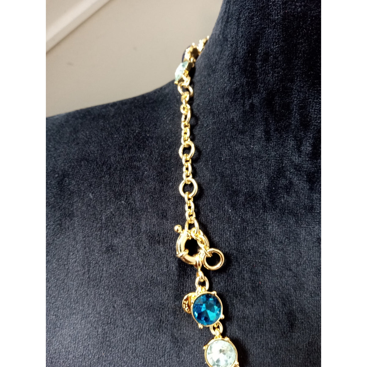 Blue Enamel Flower Rhinestone Statement Necklace Gold Tone Floral Bib Wedding