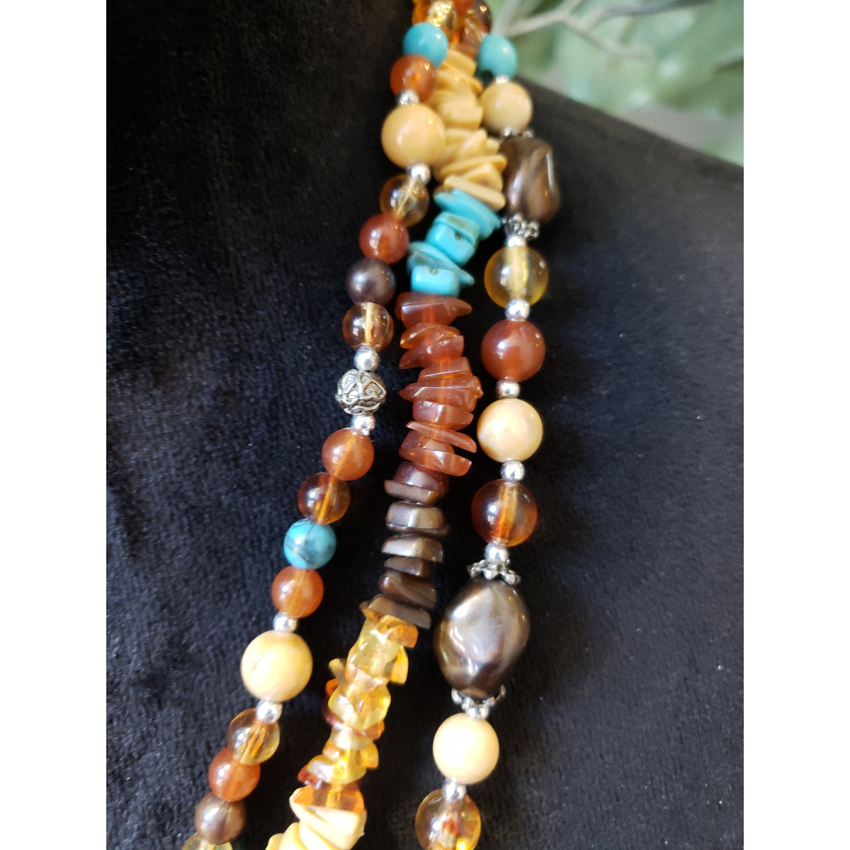 Women Multistrand Beaded Necklace Mixed Gemstones Turquoise Amber Look