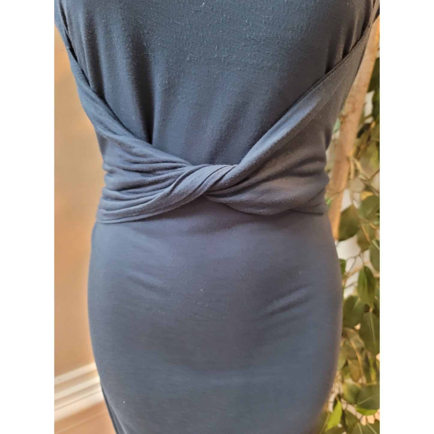 ASOS Midi Dress Womens Size 12 Navy Blue Ruched Waist Stretch Bodycon Elegant