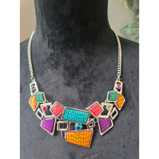 Women's Colorful Mosaic Bib Necklace With Lobster Clasp Statement Jewelry