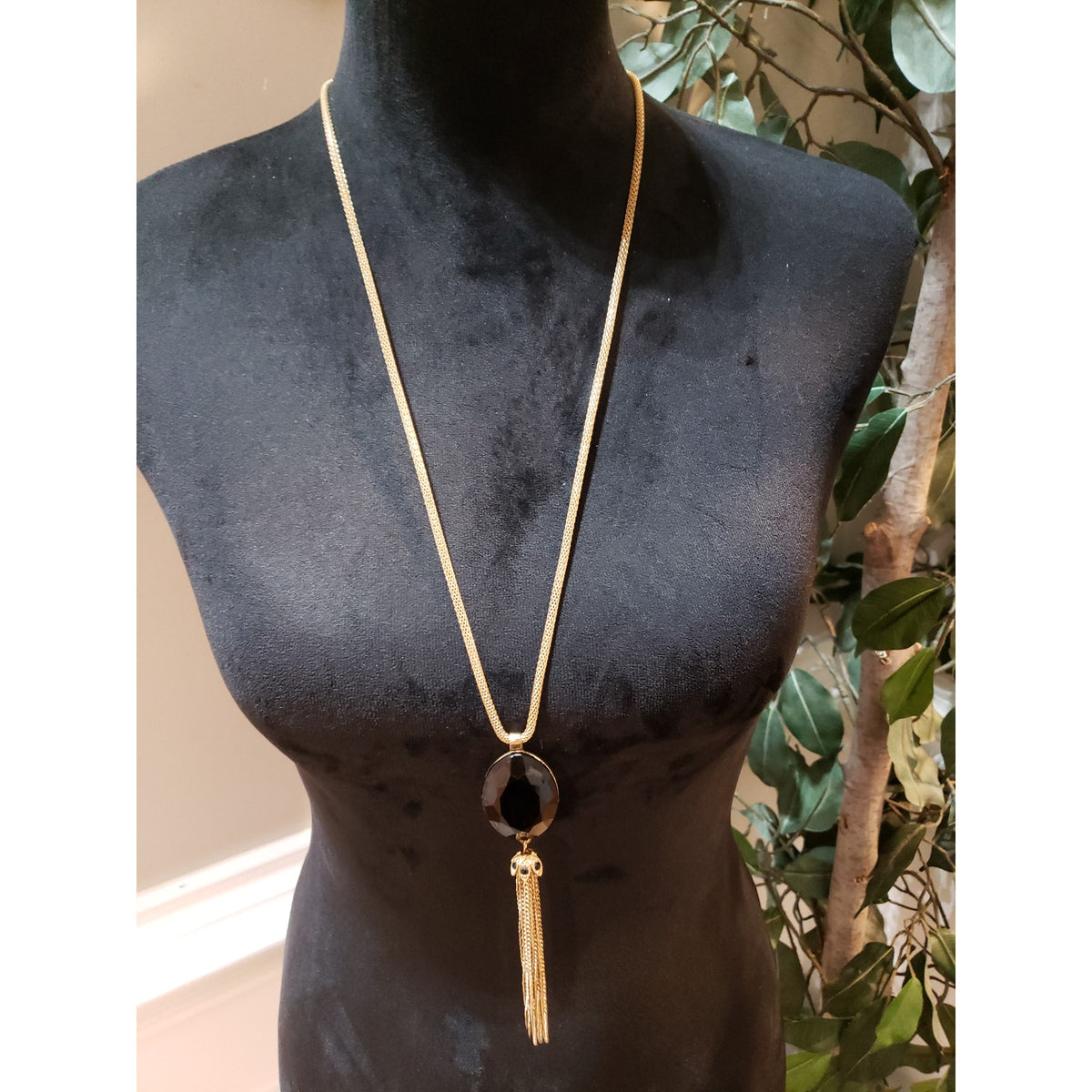 Womens Gold Tone Black Enamel Oval Slider Chain Necklace with Lobster Clasp