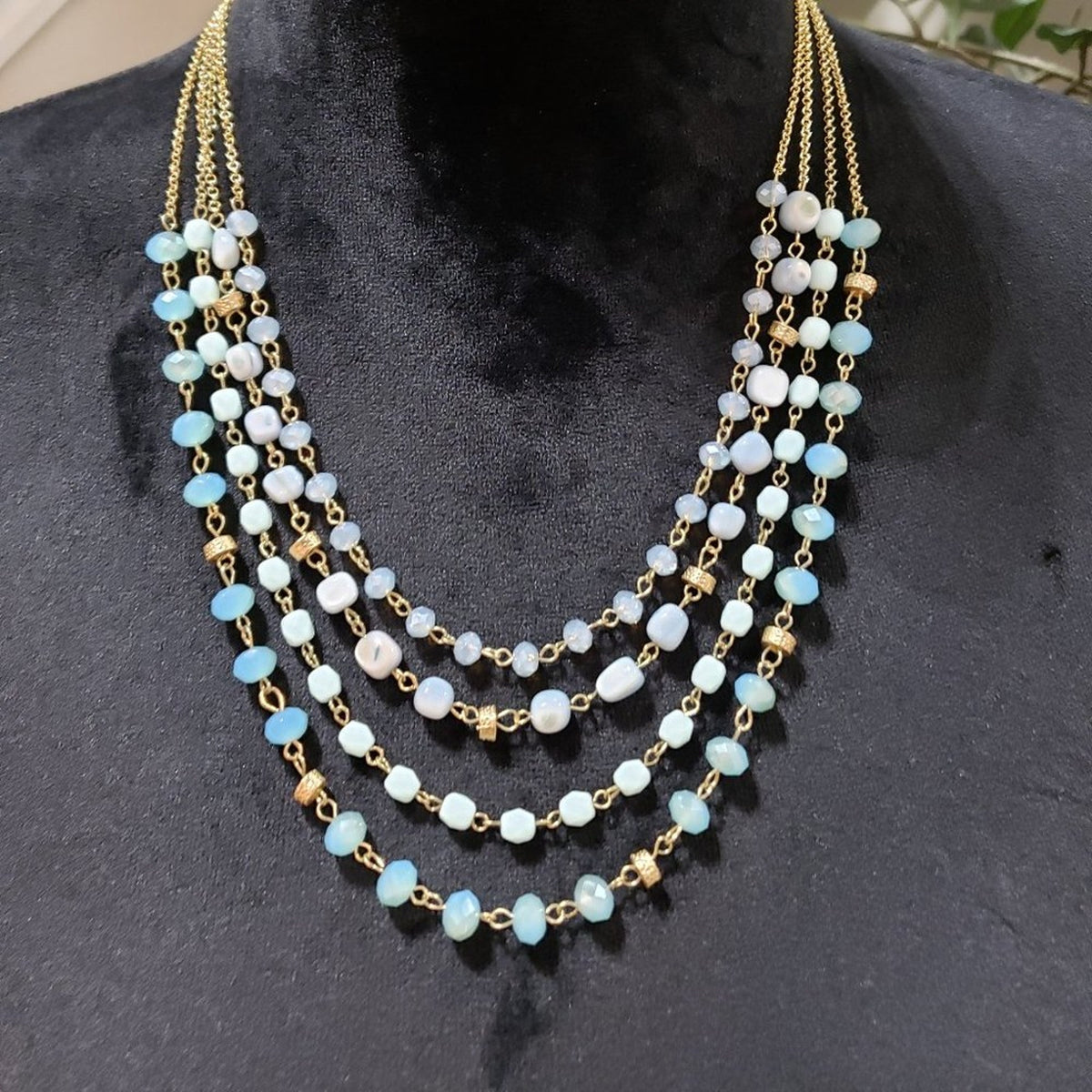 Womens Turquoise Beads Metallic Gold Cord Necklace with Earrings