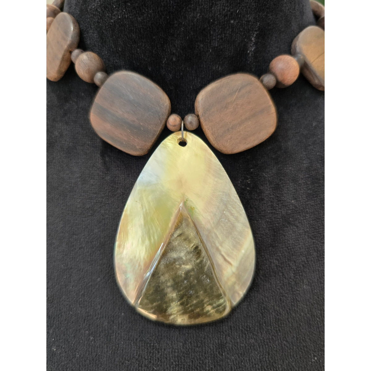 Brown Wood Bead Necklace Large Teardrop Shell Pendant Statement Jewelry