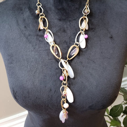 Women's Boho Style Pink & White Teardrop Stone Chain Link Necklace with Lobster