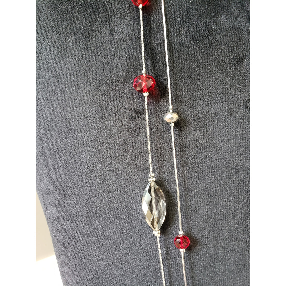 Women's Silver Tone Red Beaded Layered Necklace Long Statement Lobster Clasp