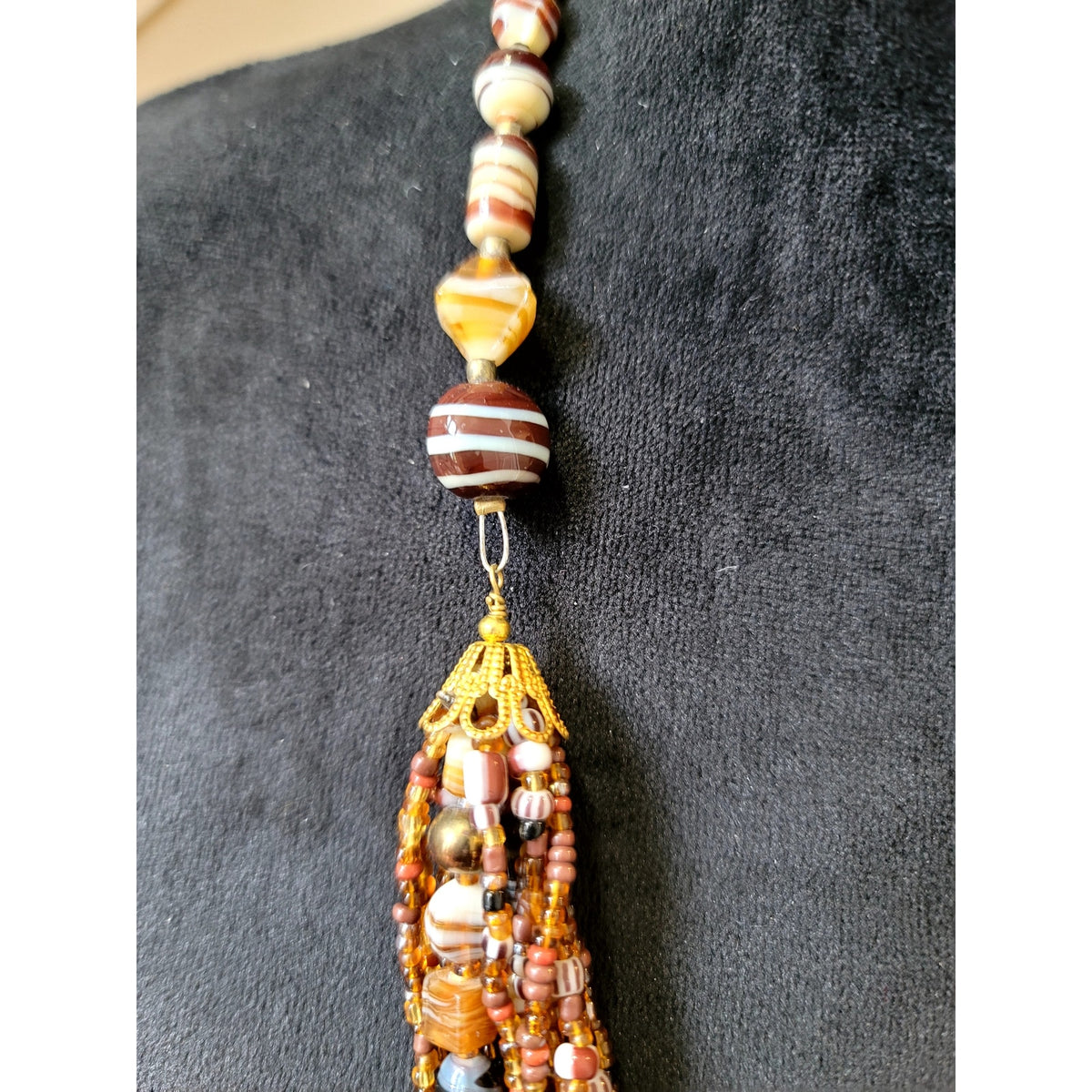 Vintage Multi Strand Seed Bead Necklace Brown Amber Earth Tone Statement Bib