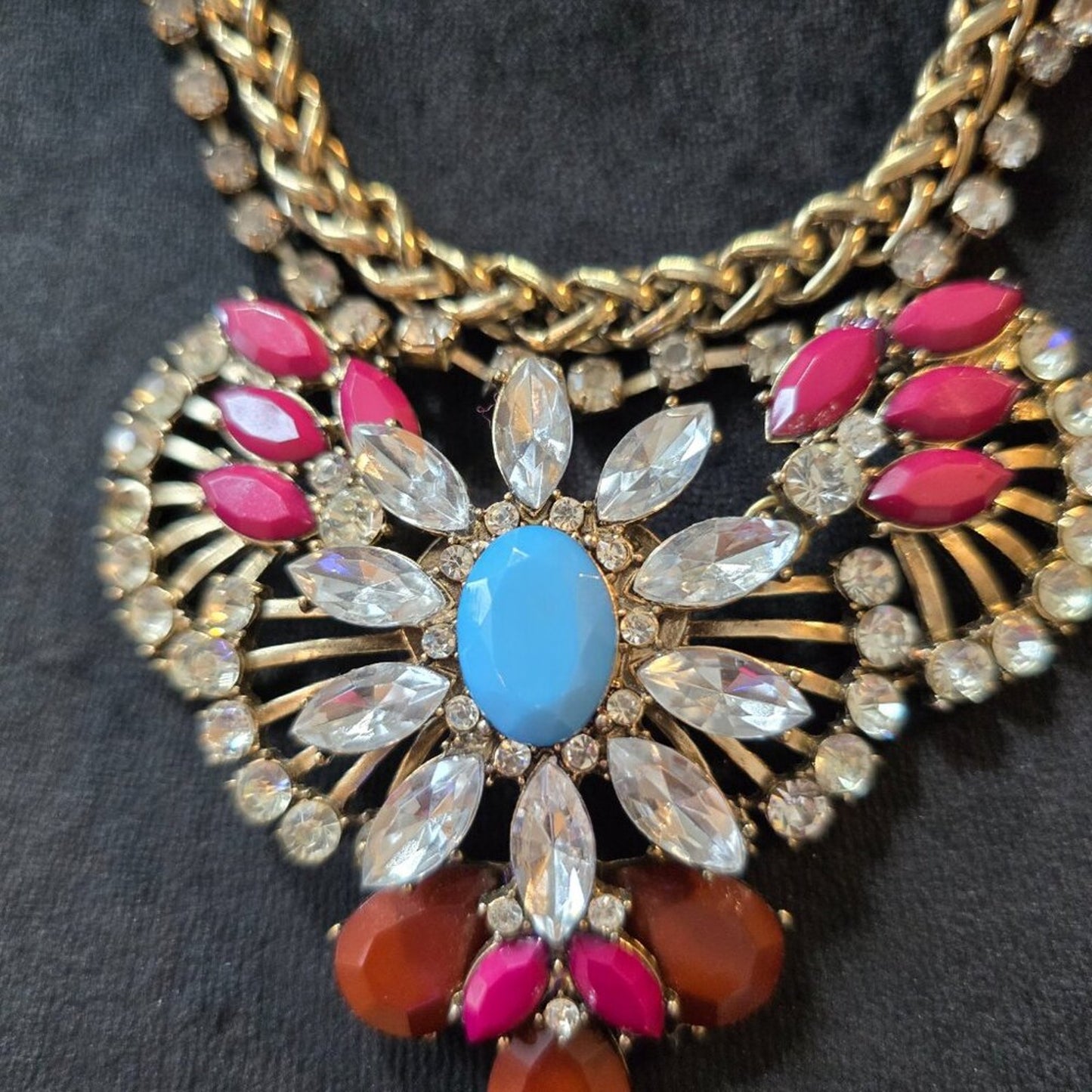Womens Multi Crystal & Rhinestones Gold Tone Bib Statement Necklace with Lobster