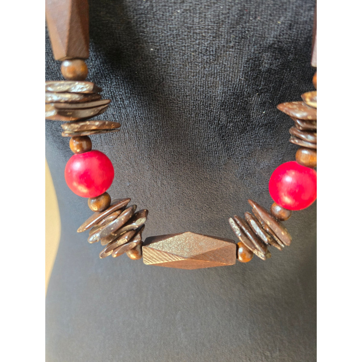 Red Brown Wood Beaded Long Boho Statement Necklace