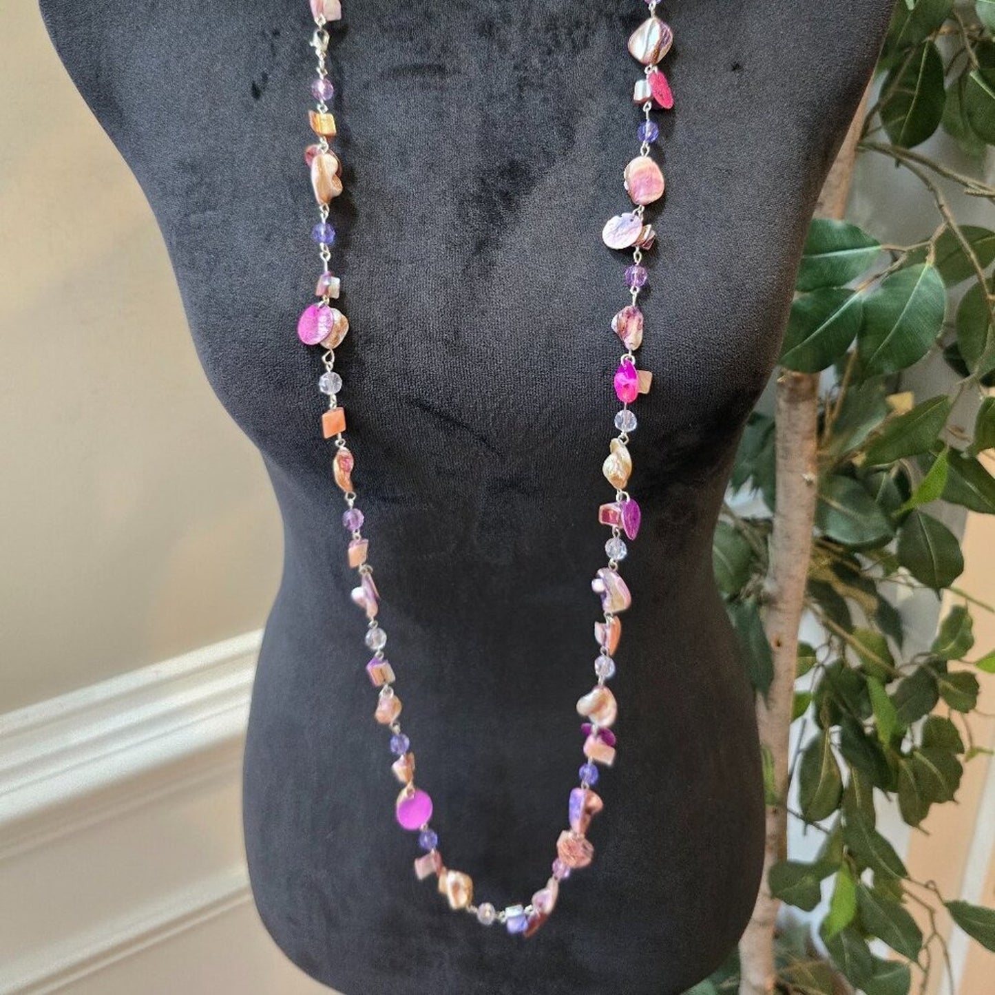 Women Fashion Multicolor Mother of Pearl Beads Crystal Long Necklace Jewelry
