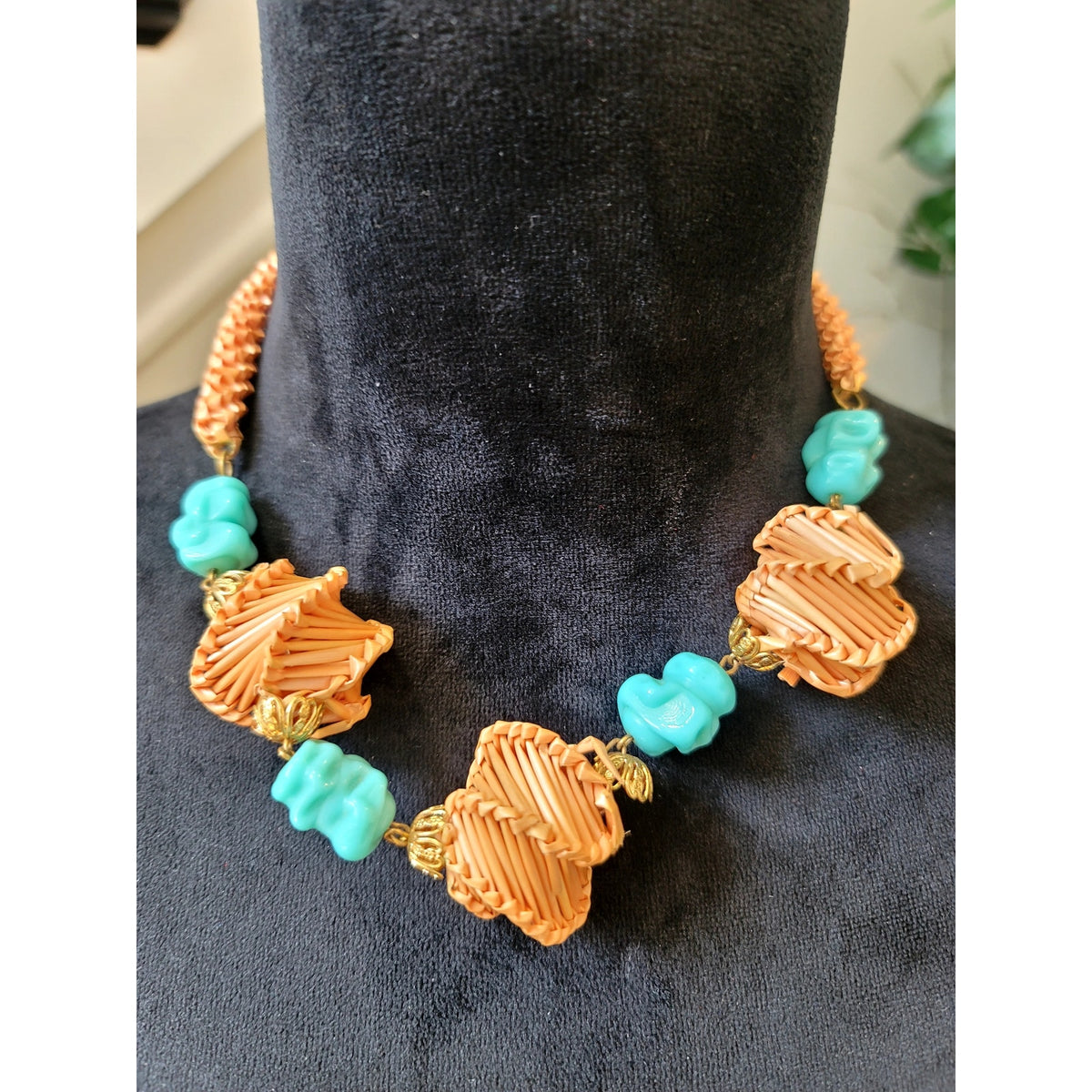 Boho Woven Raffia Turquoise Beaded Statement Necklace Orange Geometric Chunky