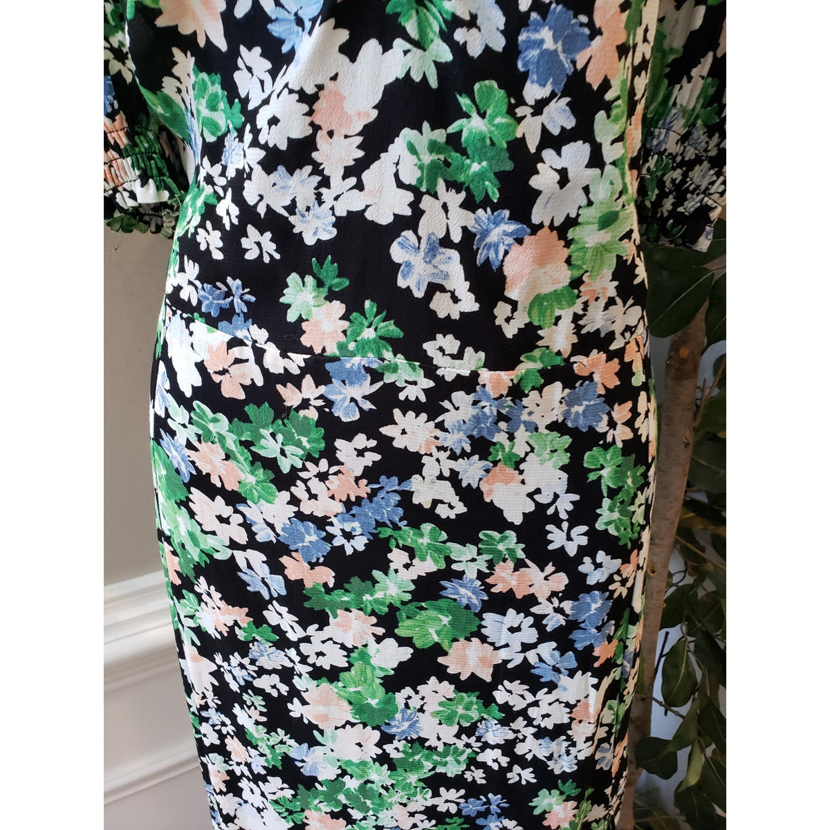 H&M Long Maxi Dress Womens XL Multi Floral Puff Sleeve Sweetheart Neck Back Zip