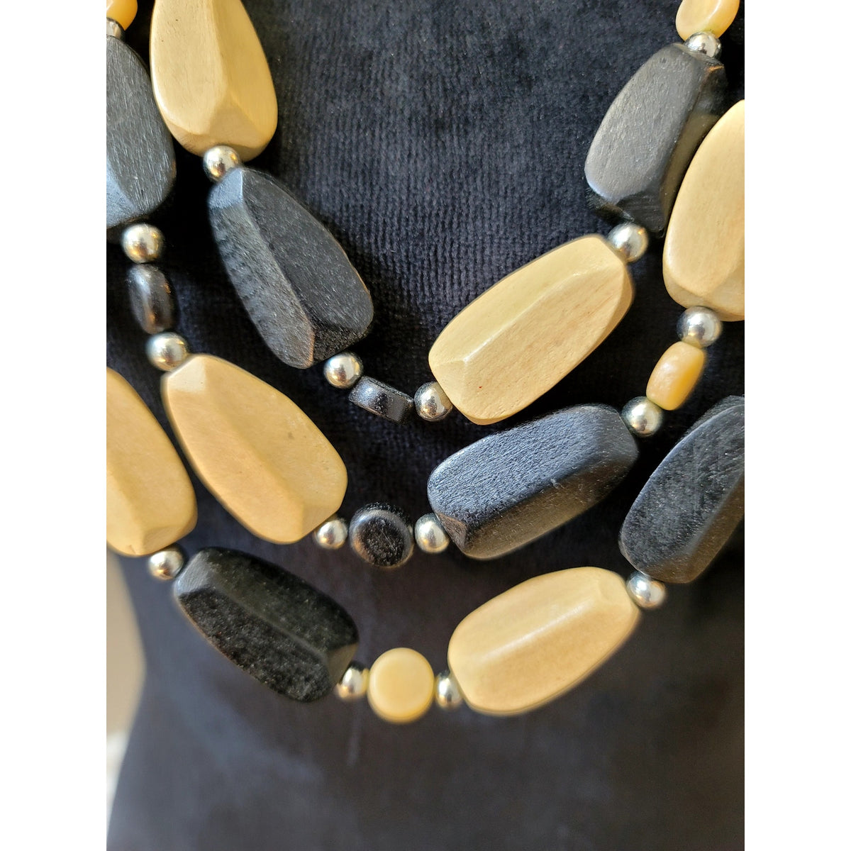 Black & Tan Wooden Beaded Multi-Strand Necklace Layered Boho Tribal Statement