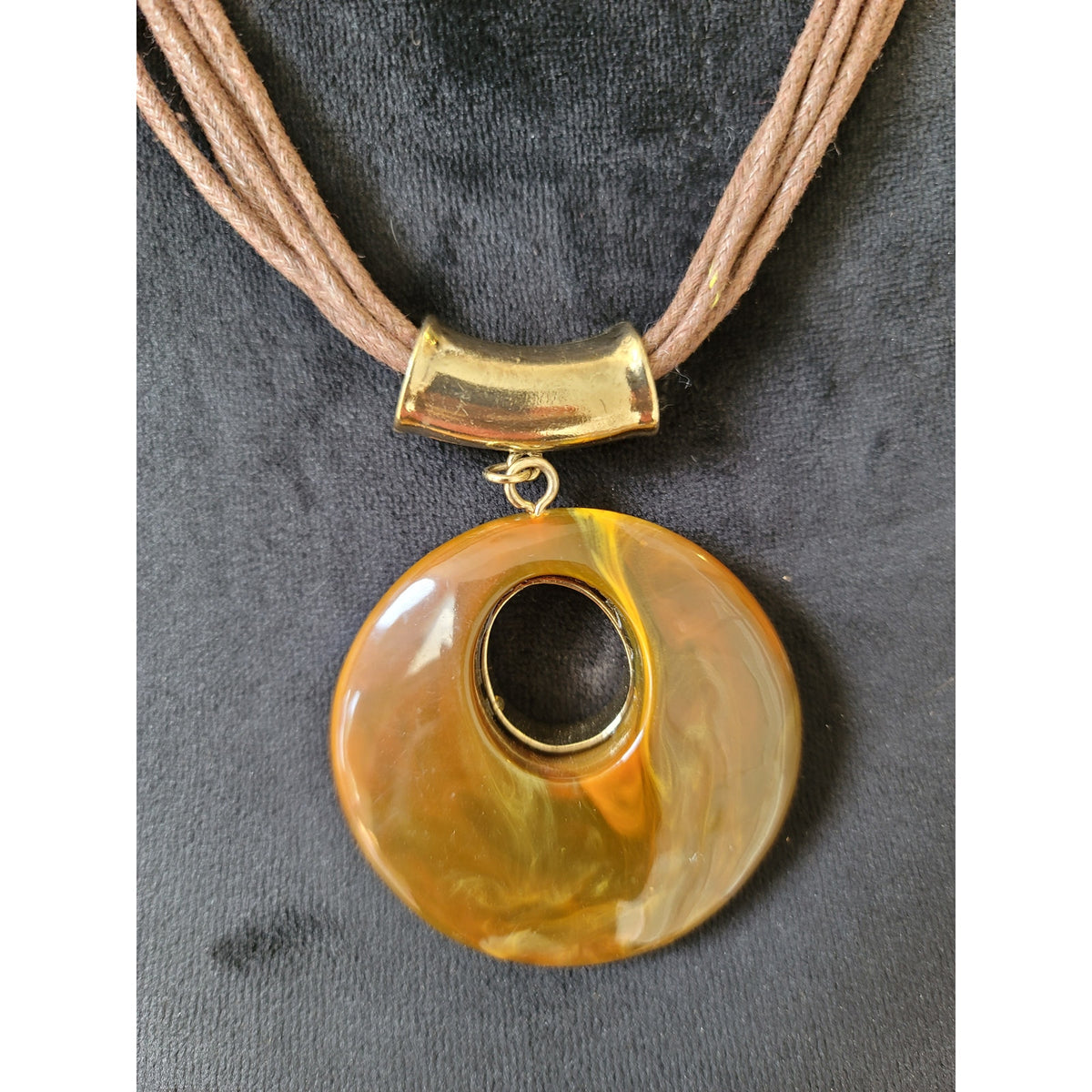 Women's Statement Brown Cord Necklace With Round Resin Pendant Lobster Clasp