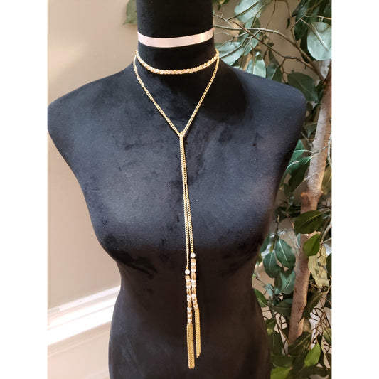 Womens Gold Tone Layered Chain Drop Tassel Necklace with Lobster Clasp 3 Pieces