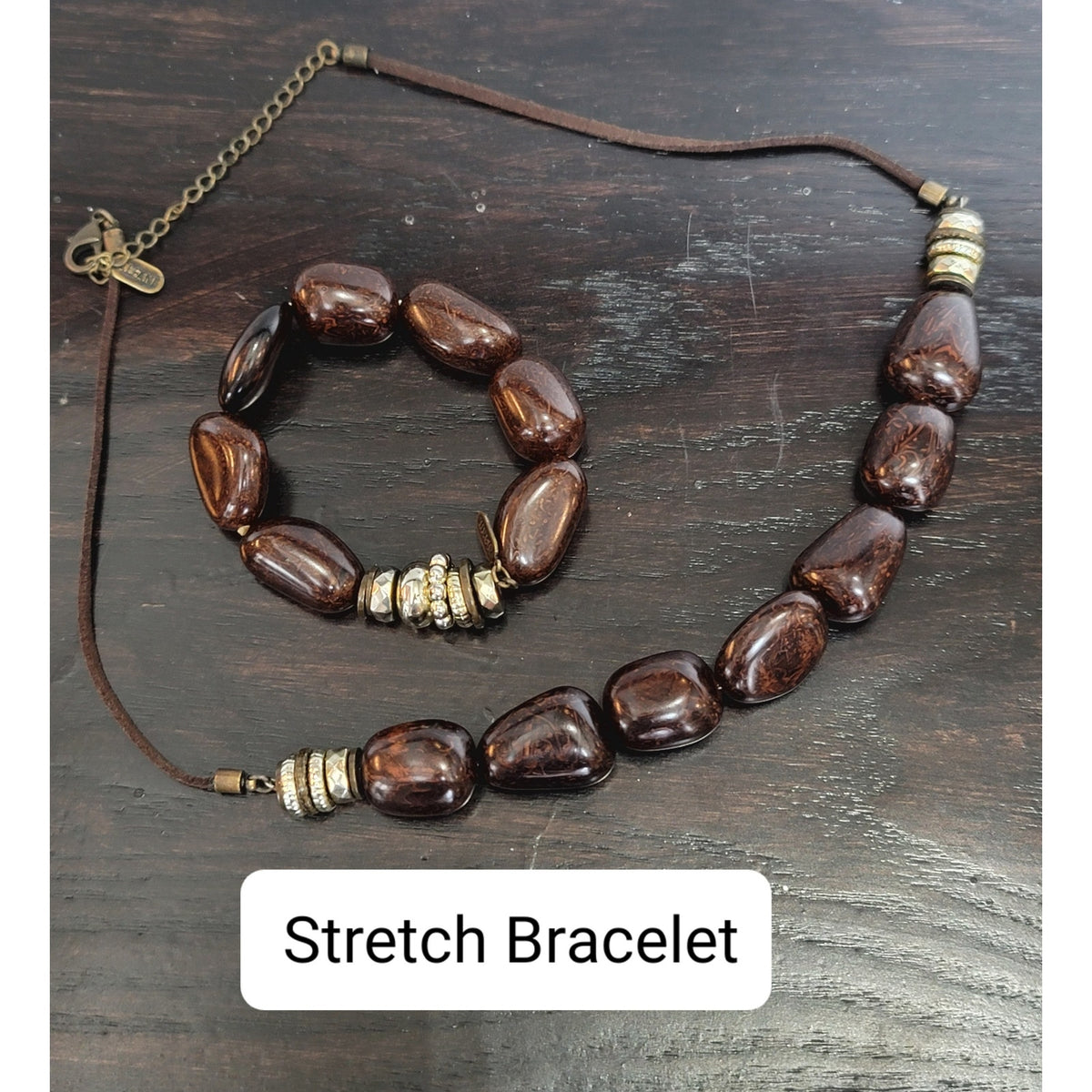 Brown Beaded Statement Necklace Set Stretch Bracelet Gold Tone Boho Tribal