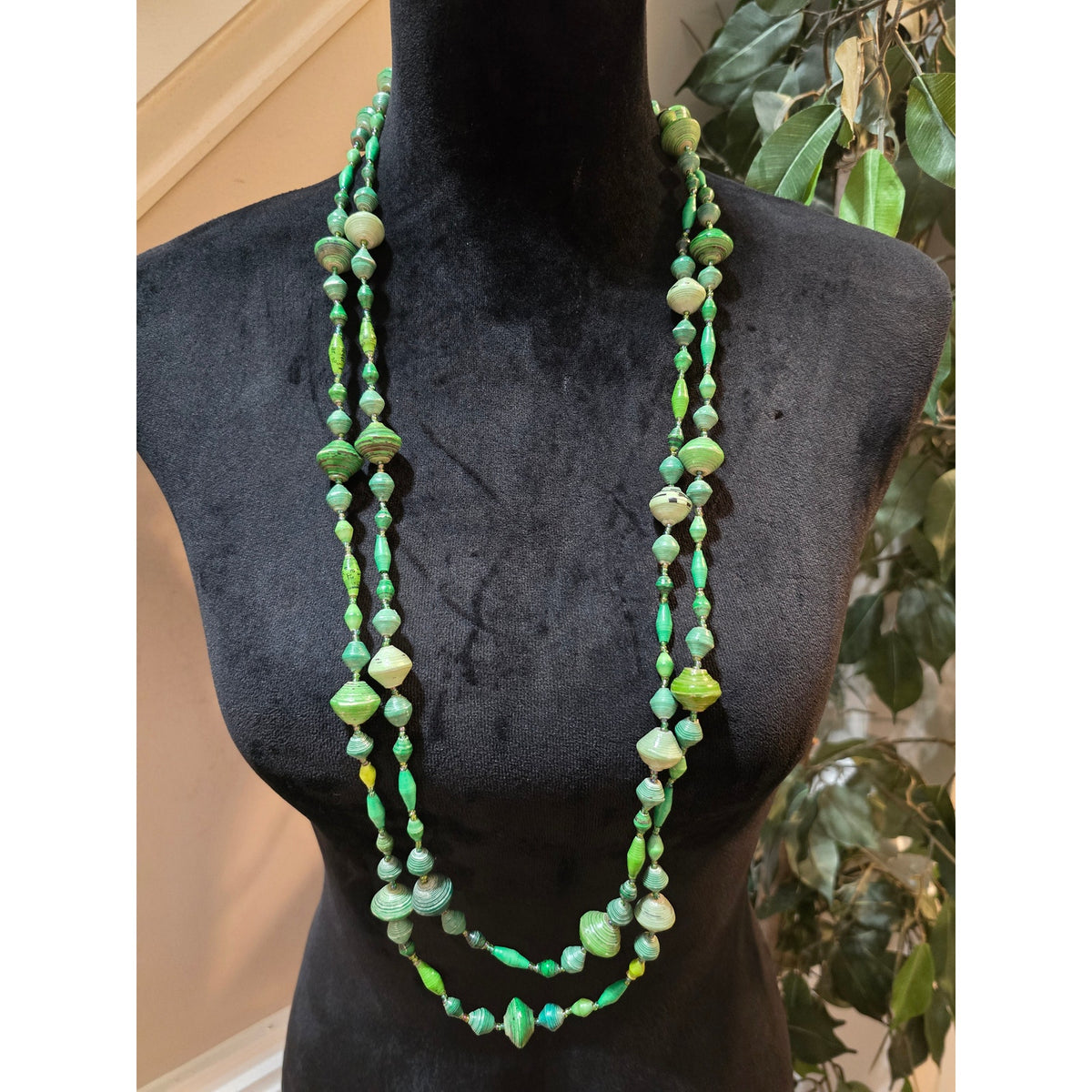 Women's Green Beaded Double Strand Necklace Paper Bead Long Boho Statement