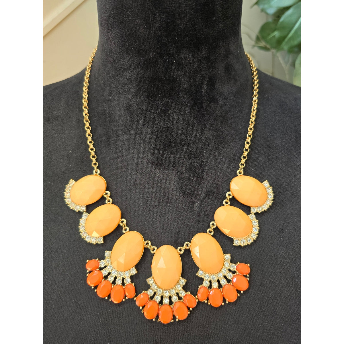 Orange Gold Tone Rhinestone Teardrop Bib Statement Necklace