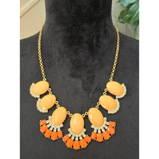 Orange Gold Tone Rhinestone Teardrop Bib Statement Necklace