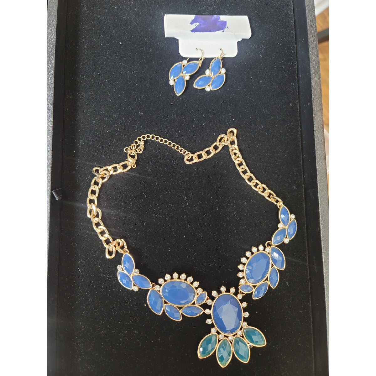 Women Blue and Turquoise Statement Necklace and Earrings Set with Crystal Accent