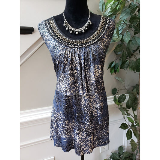 Dressbarn Women's Multi Animal Print Beaded Round Neck Sleeveless Top Blouse 1X