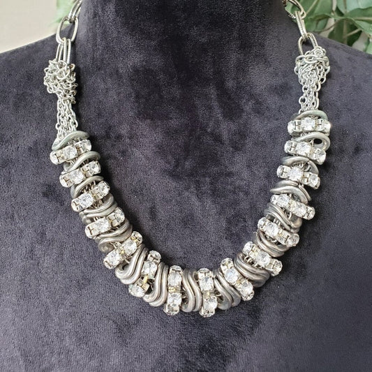 Women Fashion White Gemstones Around Multilayer Chain Collar Necklace w/ Lobster